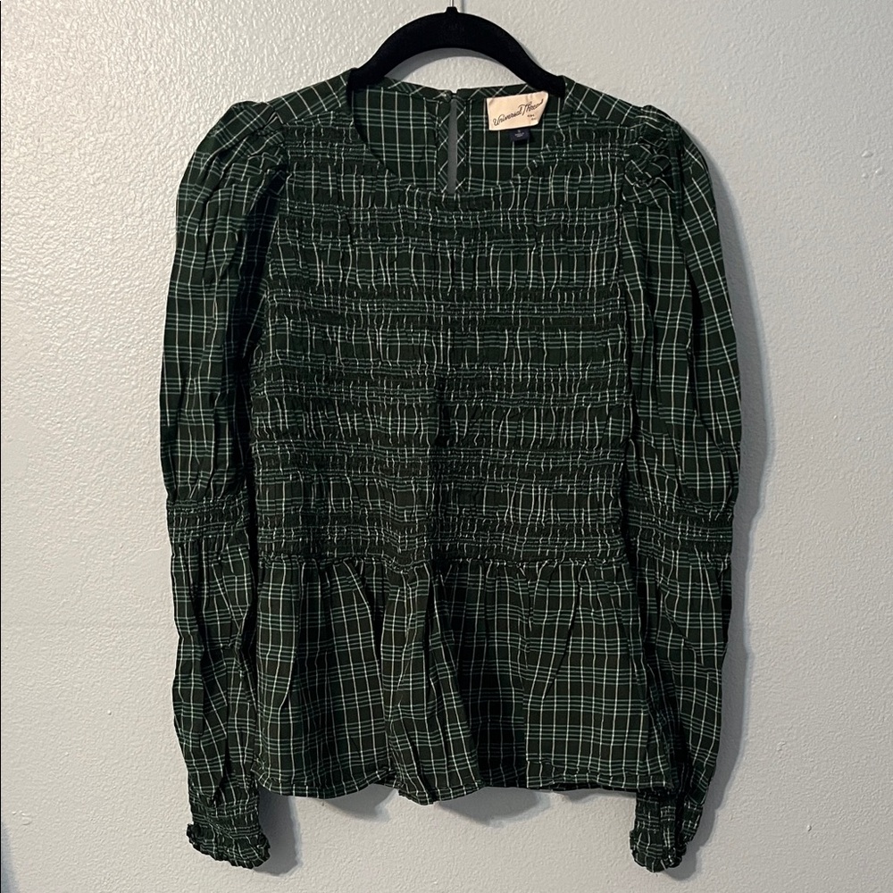 UNIVERSAL THREAD | Green Plaid Smocked Long-Sleeved Peplum Blouse